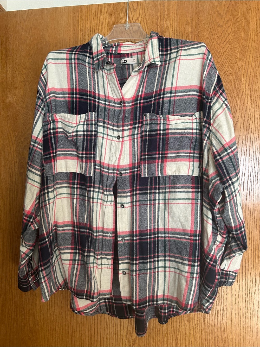 SO Women’s Cream, Black & Red Plaid Button-Up Shirt